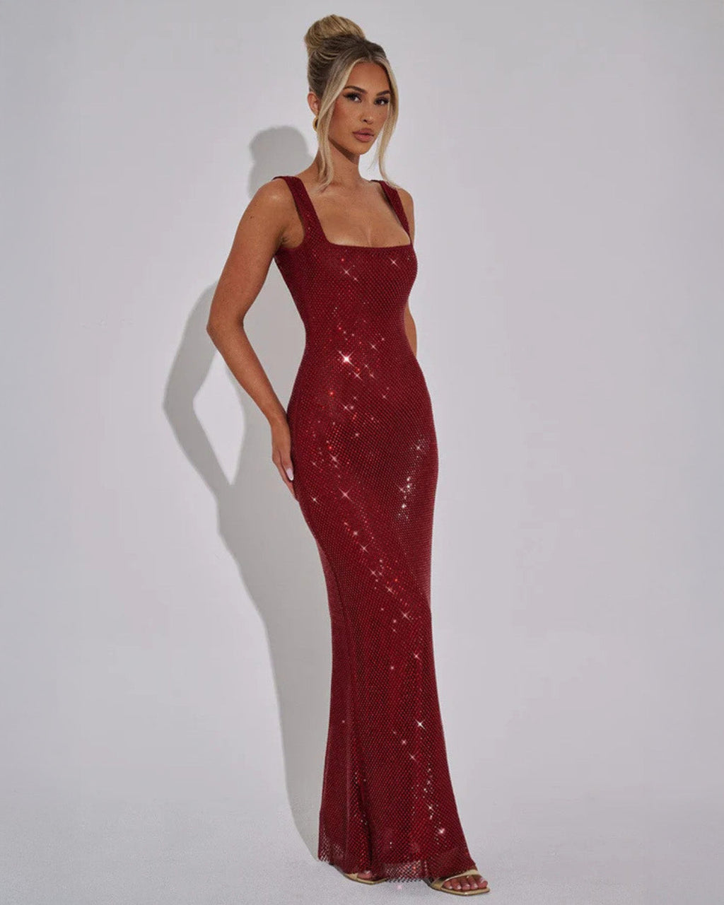 Embellished Square-Neck Evening Gown