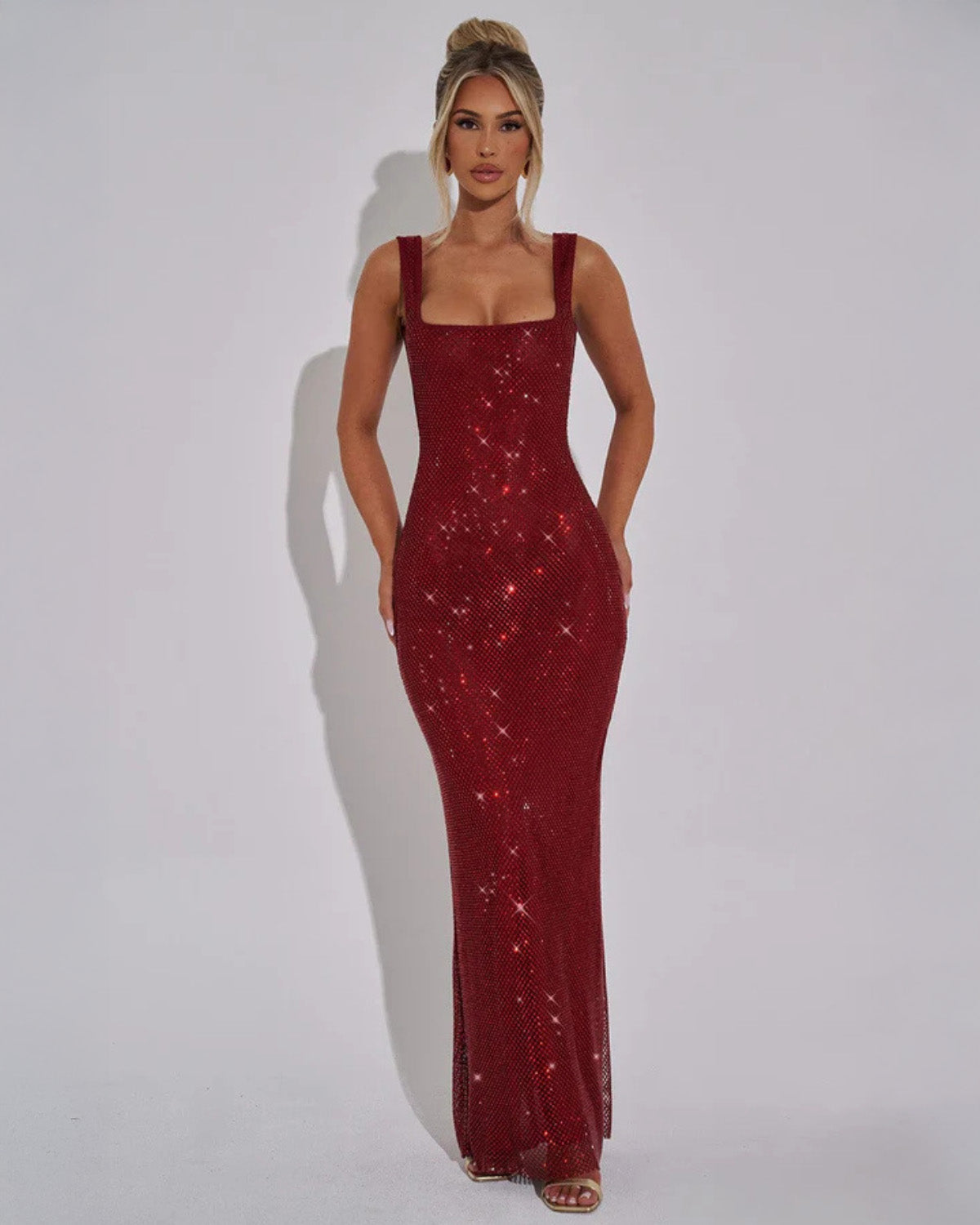 Embellished Square-Neck Evening Gown