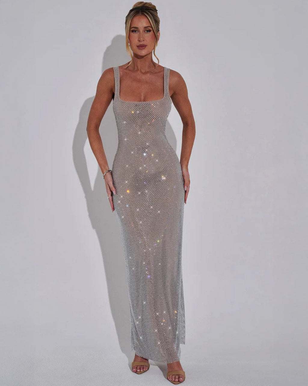 Embellished Square-Neck Evening Gown