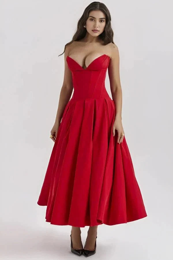 Structured Corset-Bodice Midi Dress - Strapless