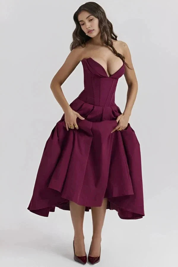 Structured Corset-Bodice Midi Dress - Strapless
