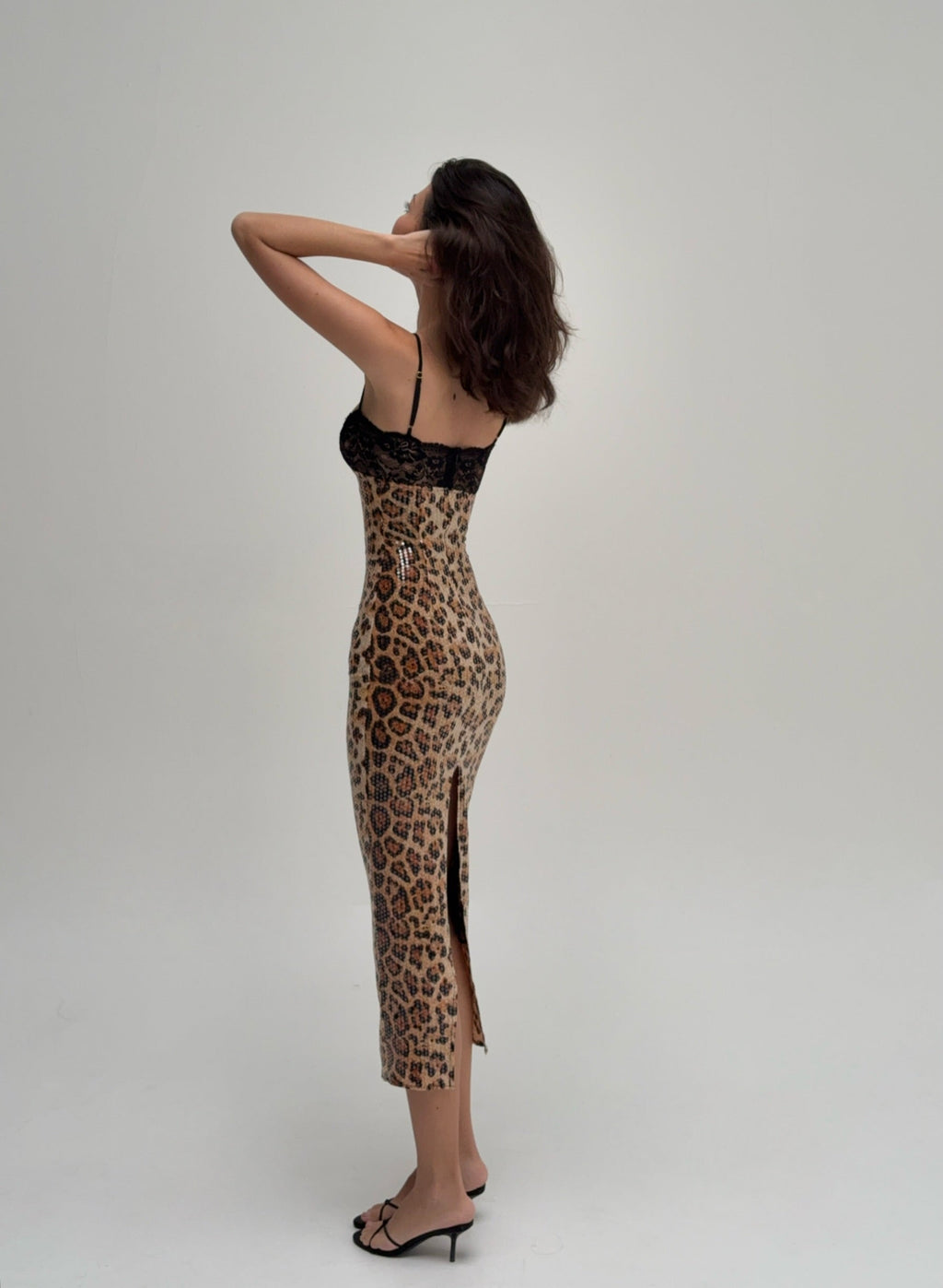 Sequin Leopard Print Midi Dress with Lace Bust