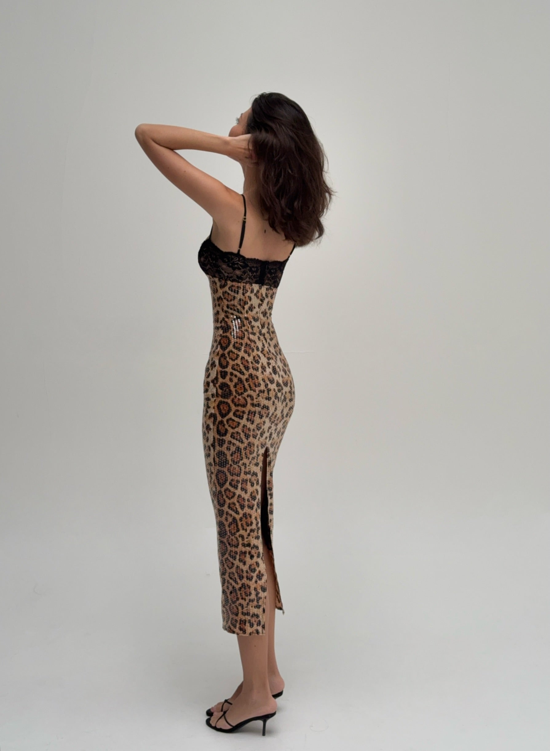 Sequin Leopard Print Midi Dress with Lace Bust