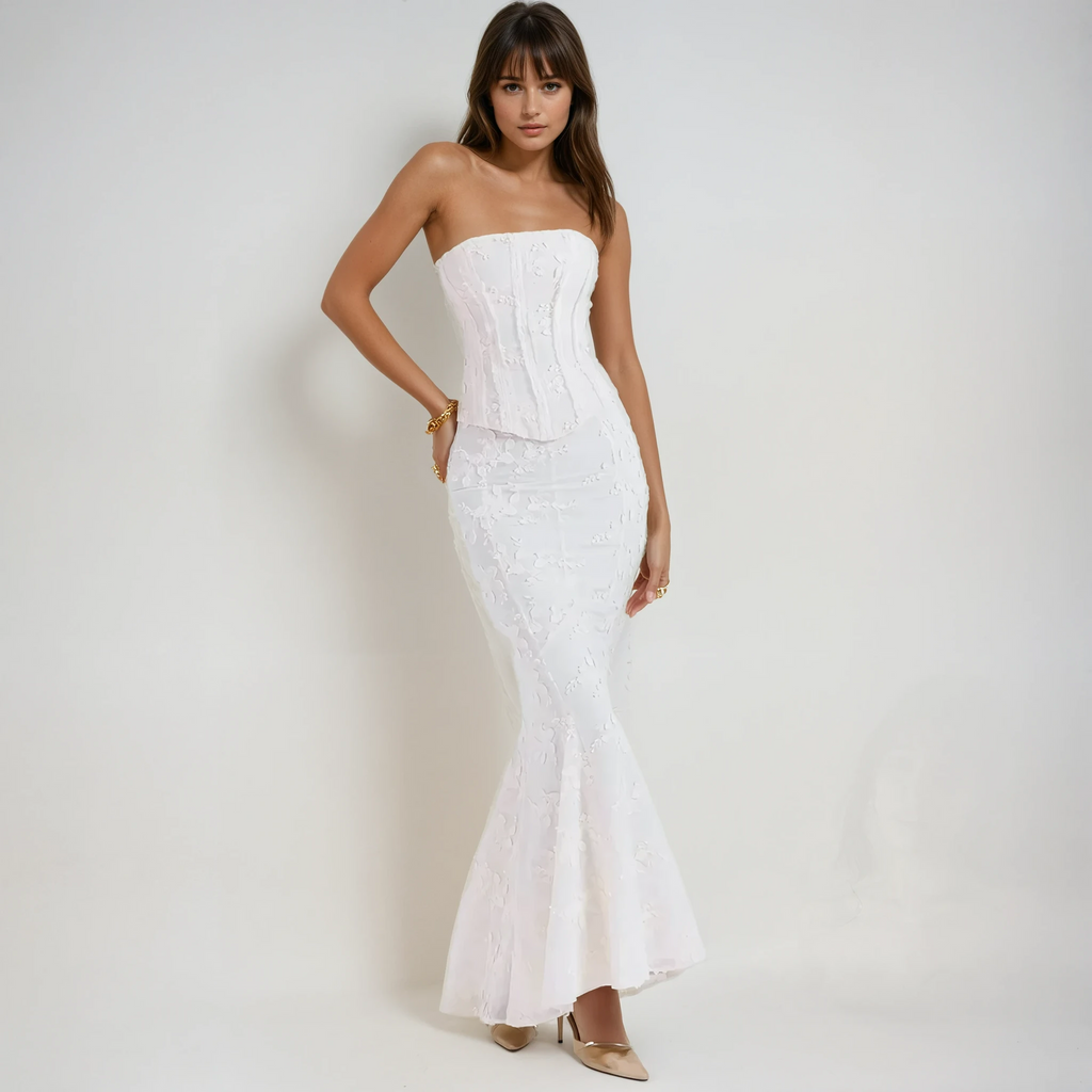 Strapless Embroidered Corset Maxi Dress