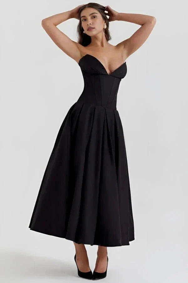 Structured Corset-Bodice Midi Dress - Strapless