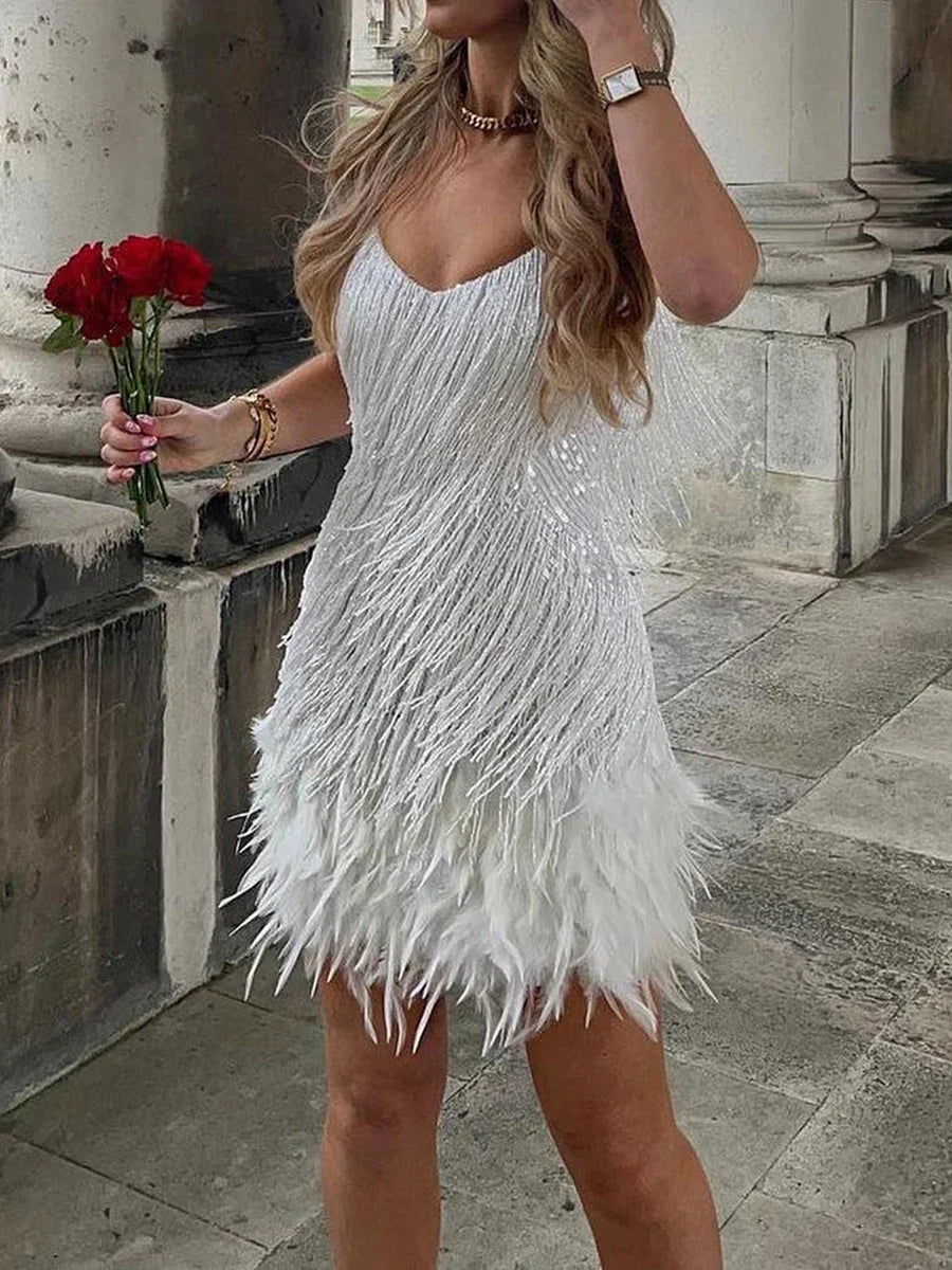 Shimmer Fringe Feather Mini Dress