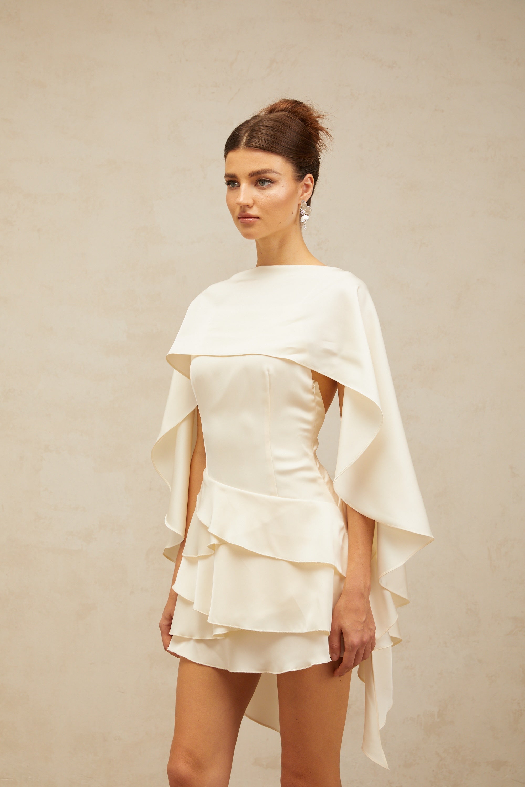 Satin Mini Dress with Layered Ruffles and Shawl Panel