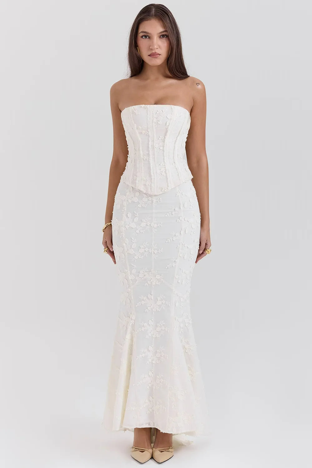 Strapless Embroidered Corset Maxi Dress