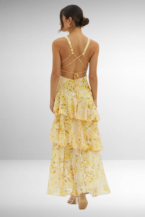 Deep V-Neck Tiered Chiffon Maxi Dress