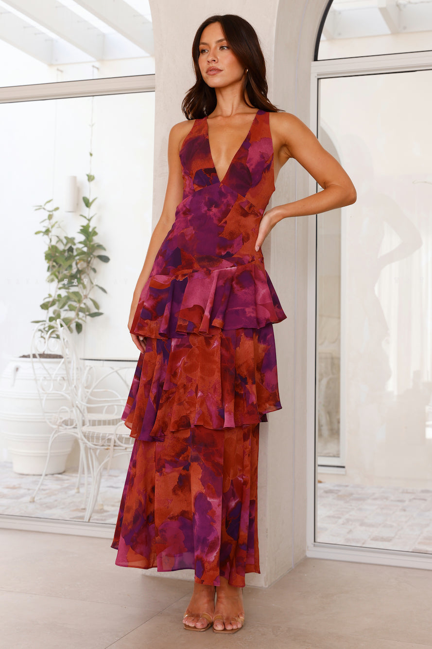 Deep V-Neck Tiered Chiffon Maxi Dress