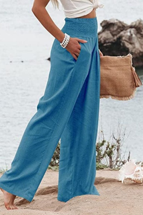 High-Waisted Smocked Wide Leg Trousers