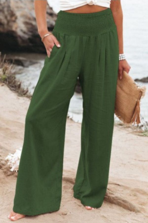 High-Waisted Smocked Wide Leg Trousers