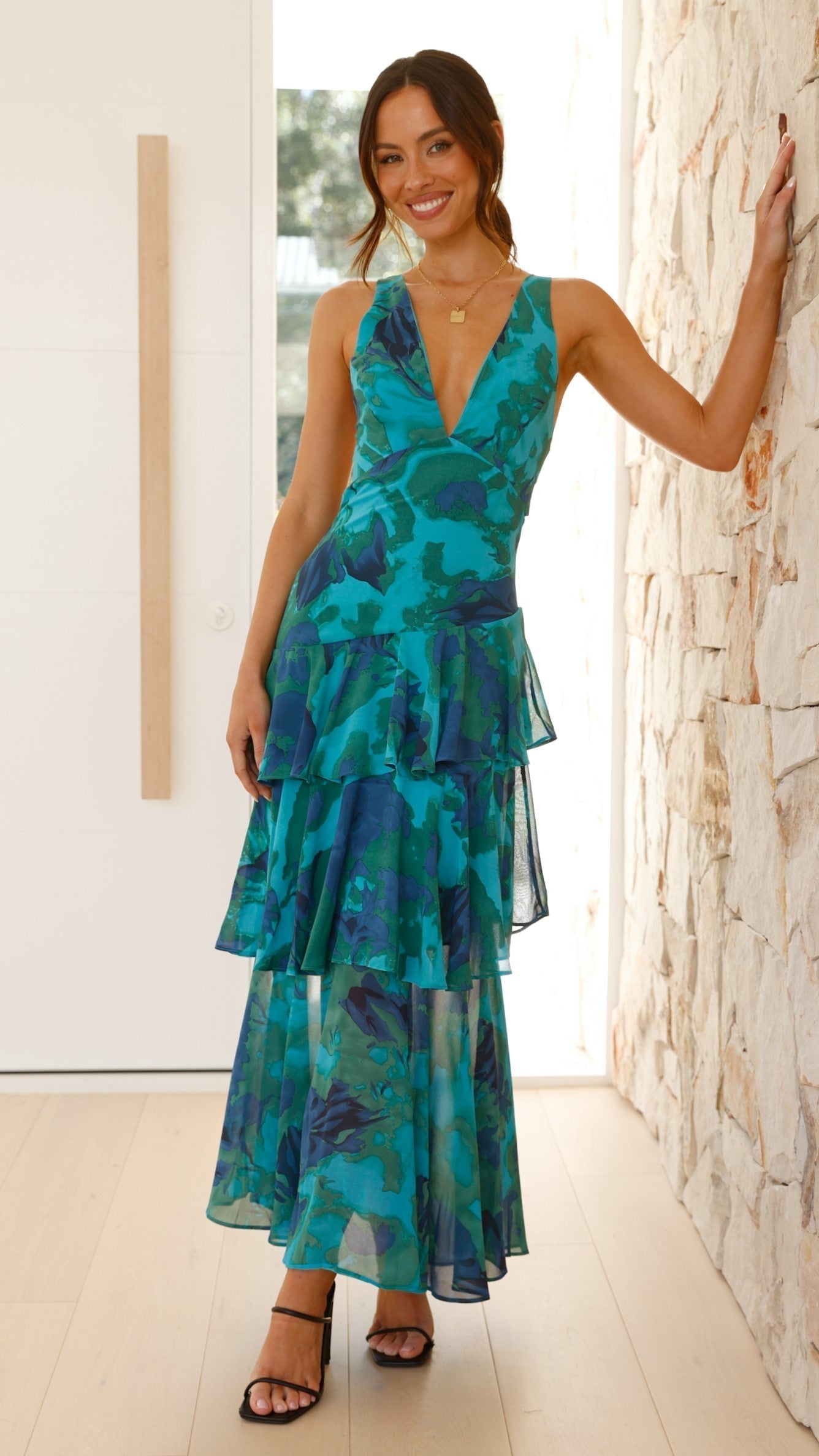 Deep V-Neck Tiered Chiffon Maxi Dress