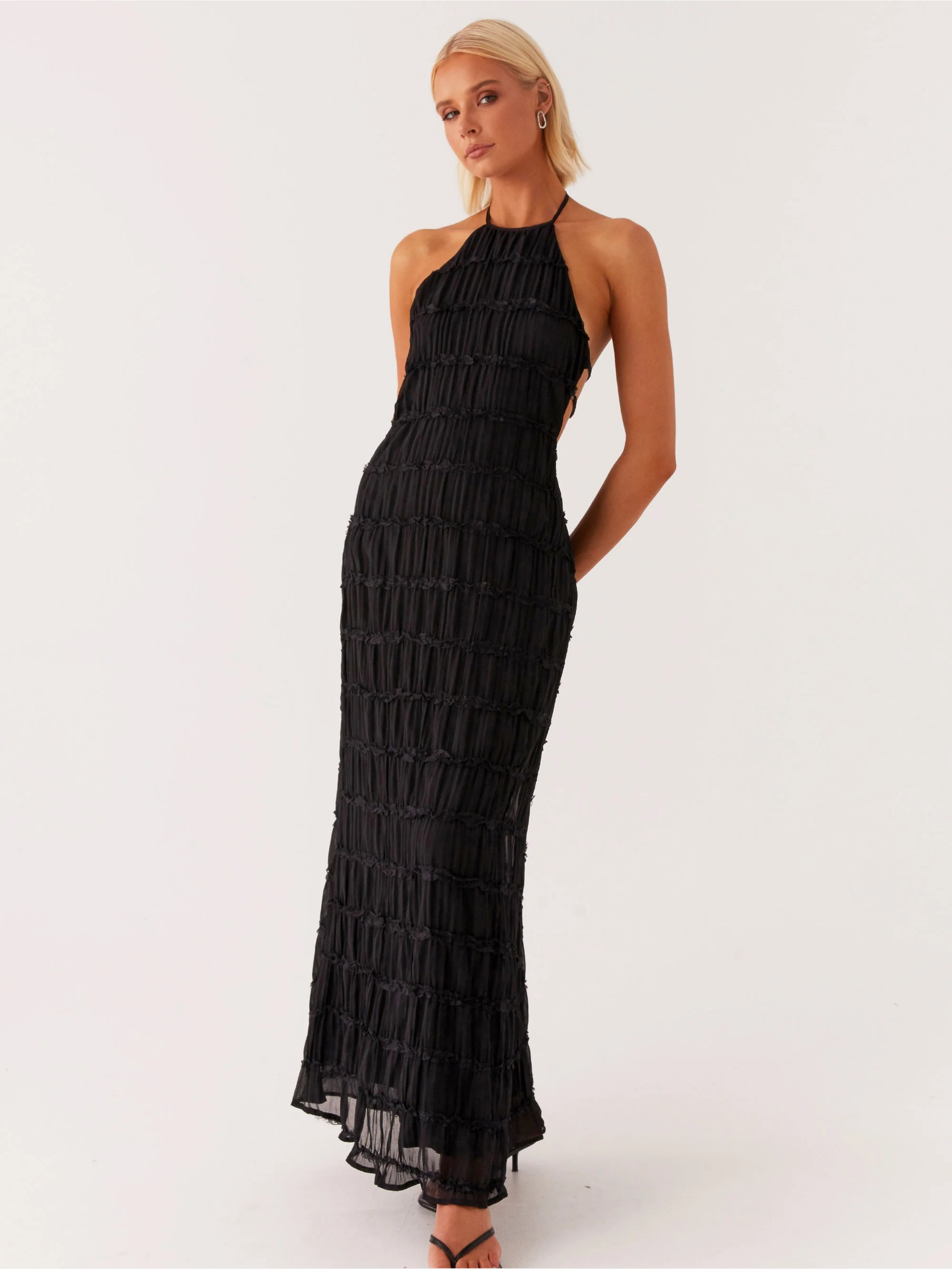 Black Halter Neck Pleated Maxi Dress