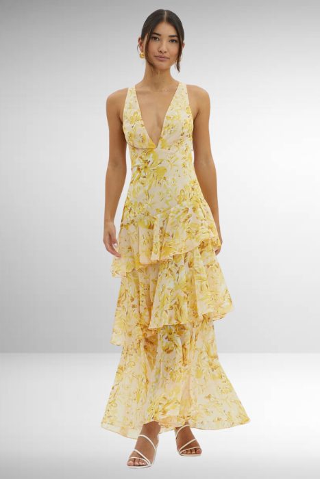 Deep V-Neck Tiered Chiffon Maxi Dress