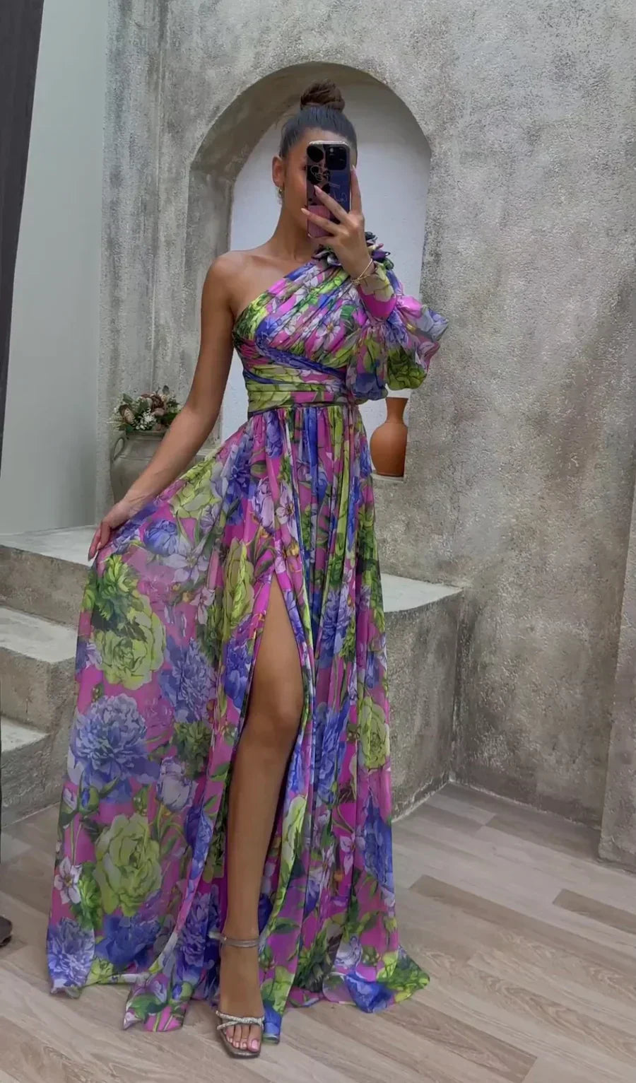 Floral One-Shoulder Flowy Dress