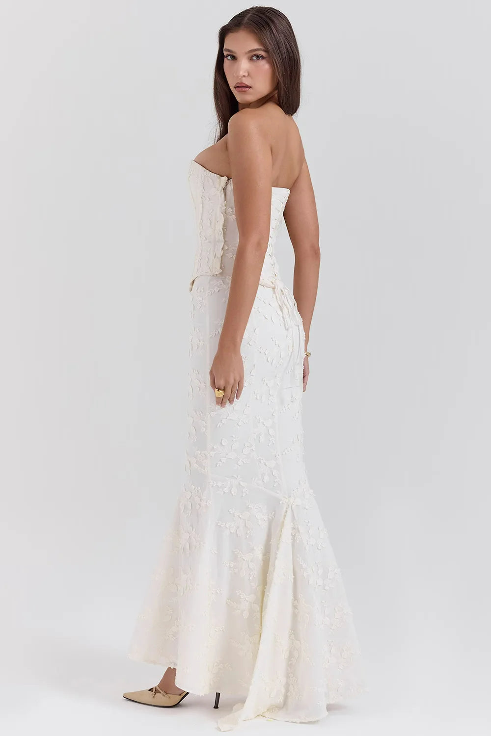 Strapless Embroidered Corset Maxi Dress