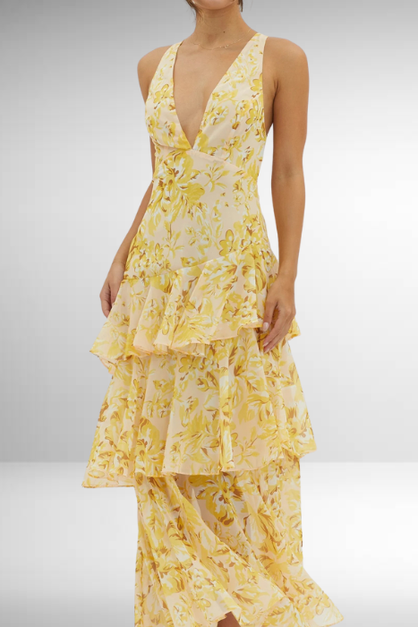 Deep V-Neck Tiered Chiffon Maxi Dress