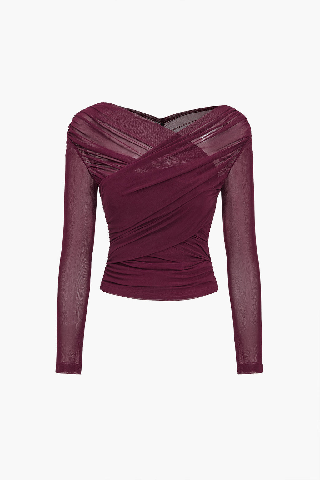 Sheer Mesh Long Sleeve Top with Ruched Detailing