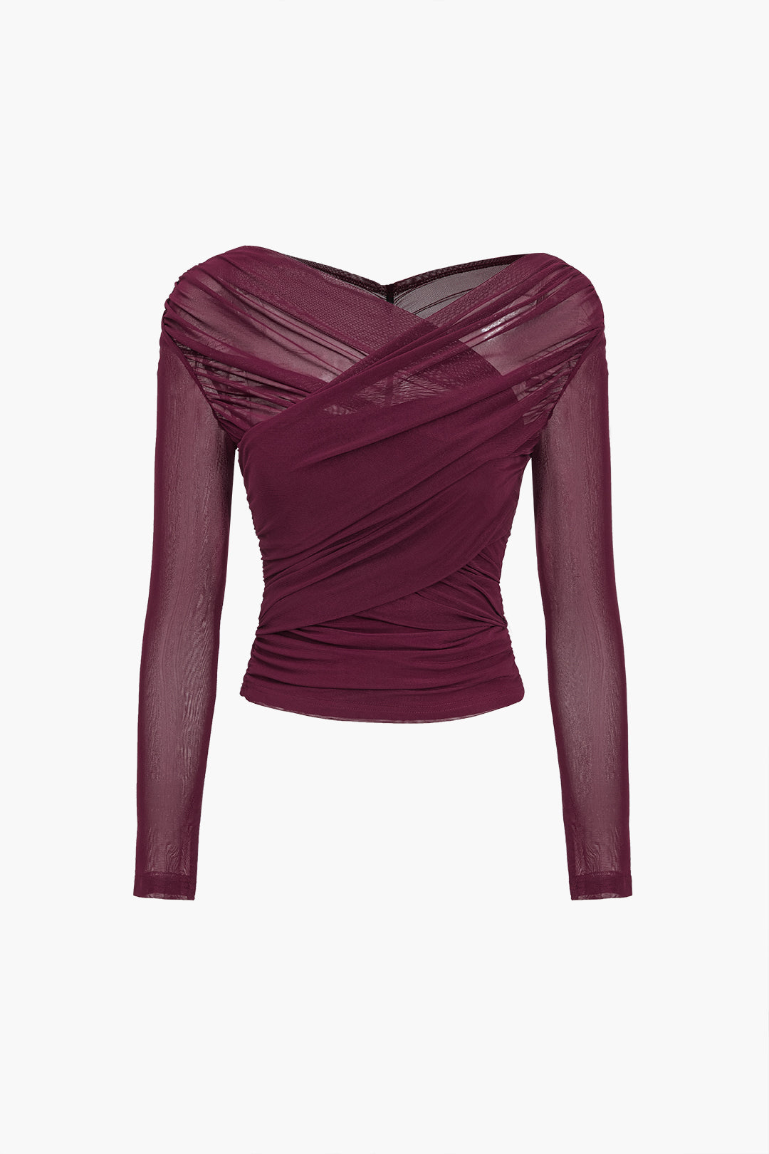 Sheer Mesh Long Sleeve Top with Ruched Detailing