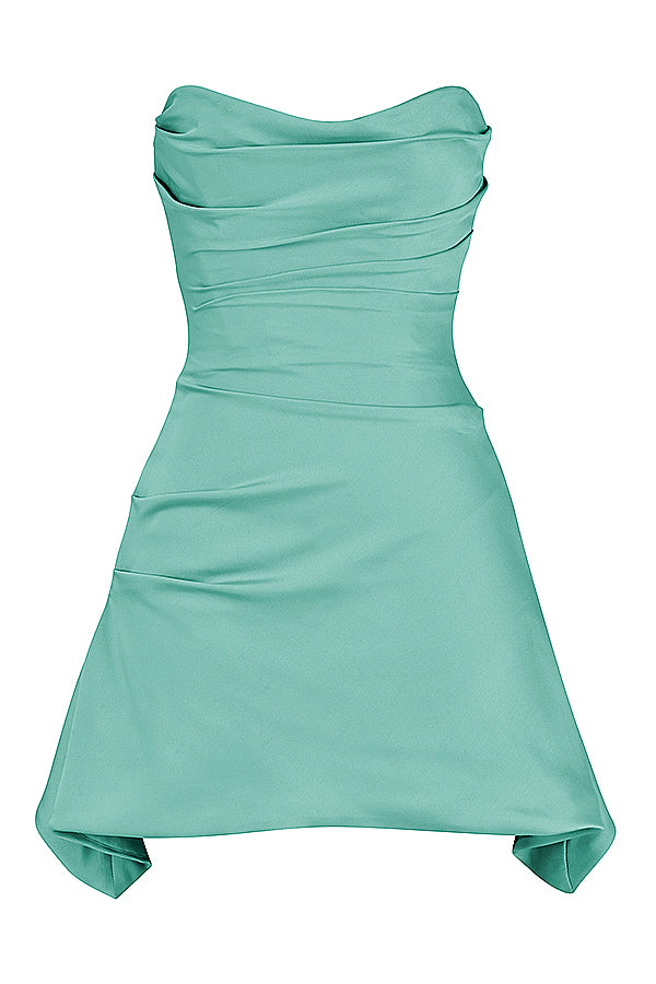 Blue Draped Strapless Mini Dress
