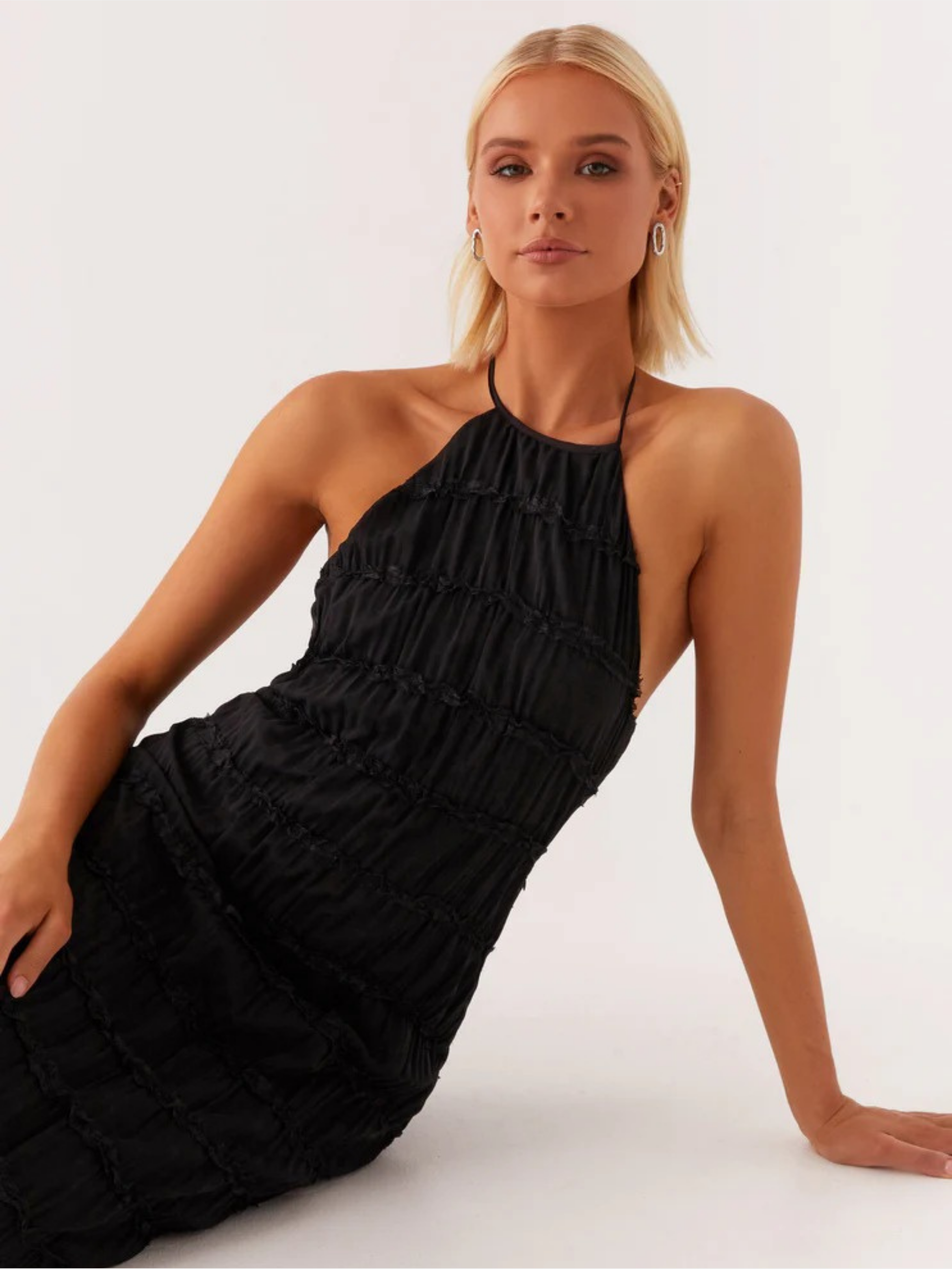 Black Halter Neck Pleated Maxi Dress