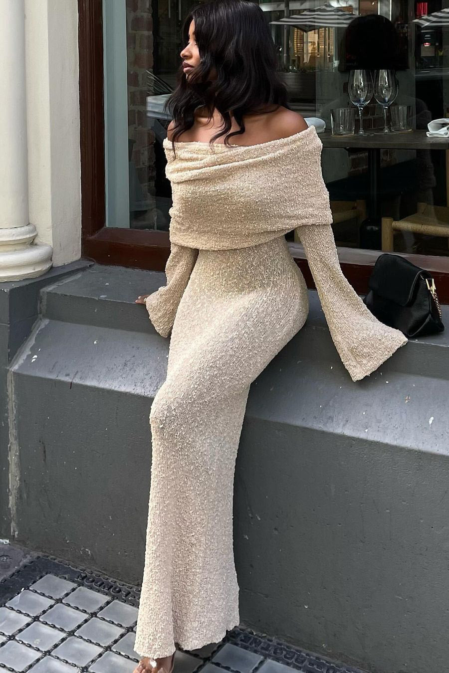 Off-Shoulder Bouclé Knit Maxi Dress