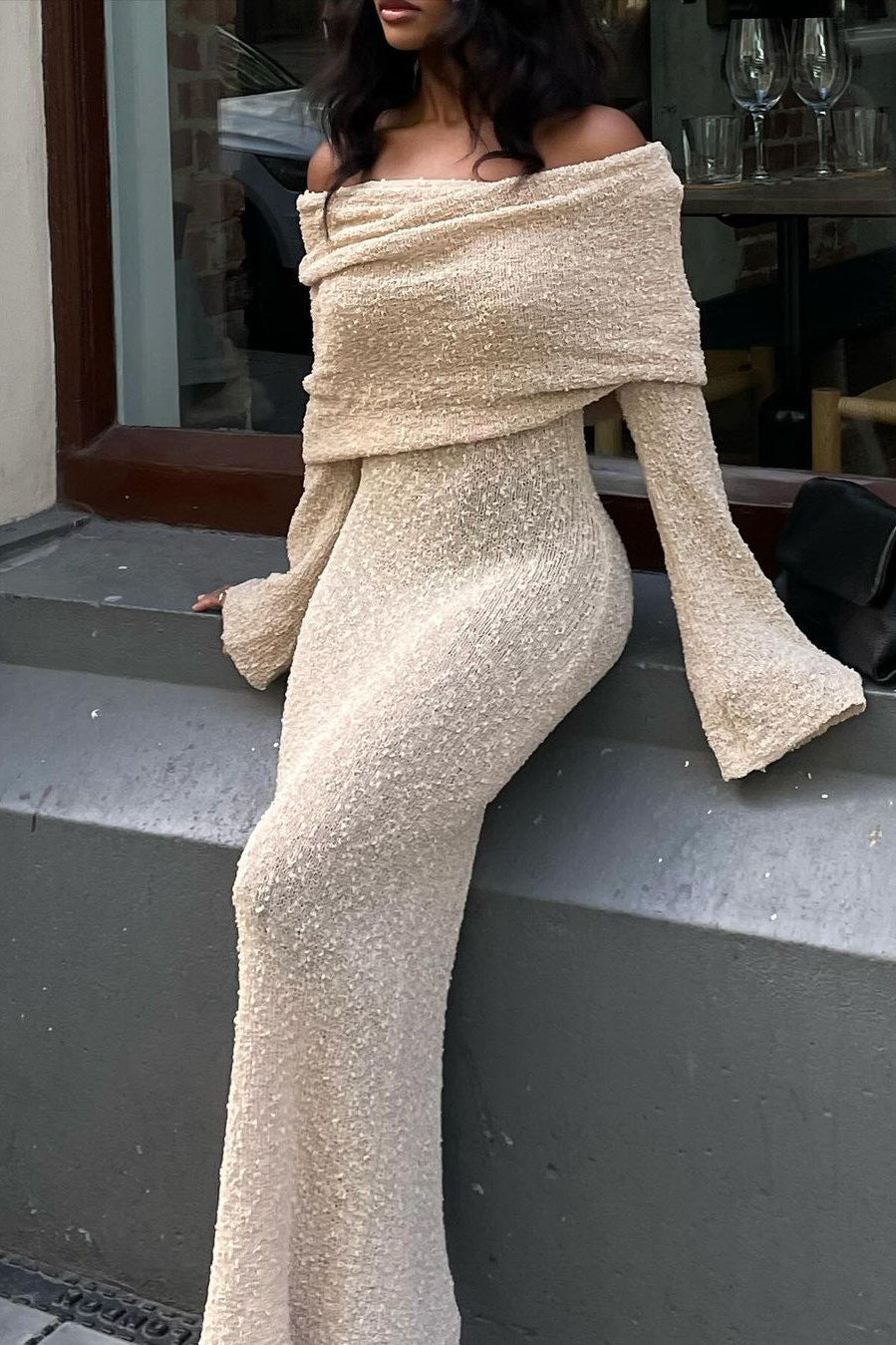 Off-Shoulder Bouclé Knit Maxi Dress