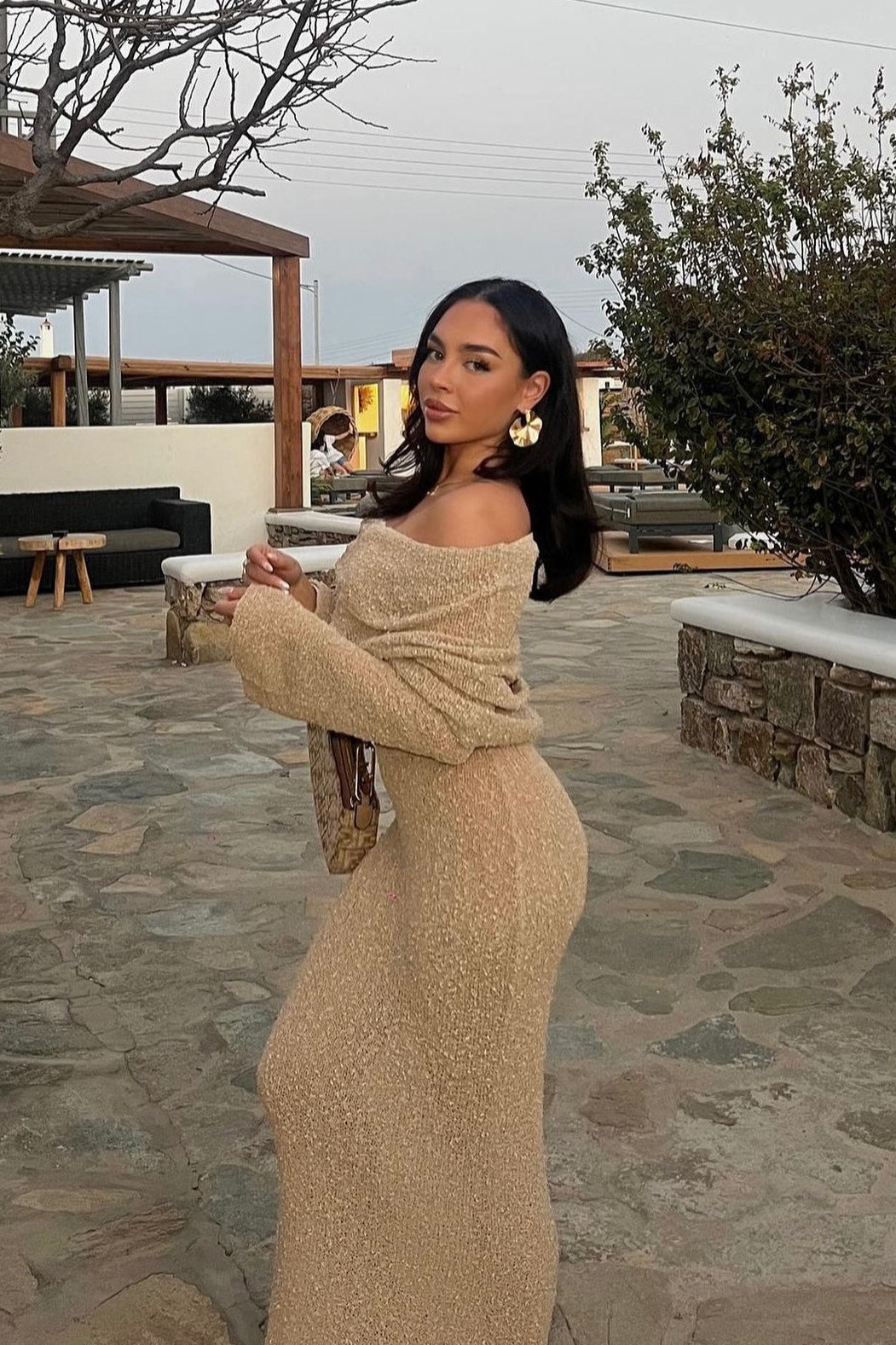 Off-Shoulder Bouclé Knit Maxi Dress