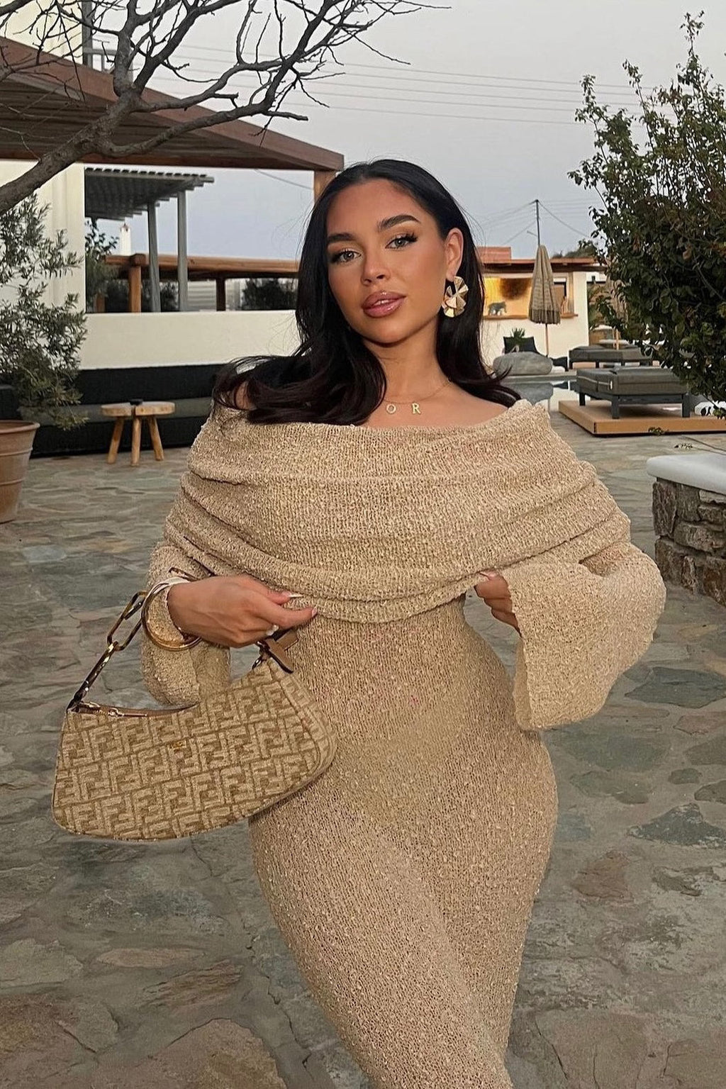 Off-Shoulder Bouclé Knit Maxi Dress