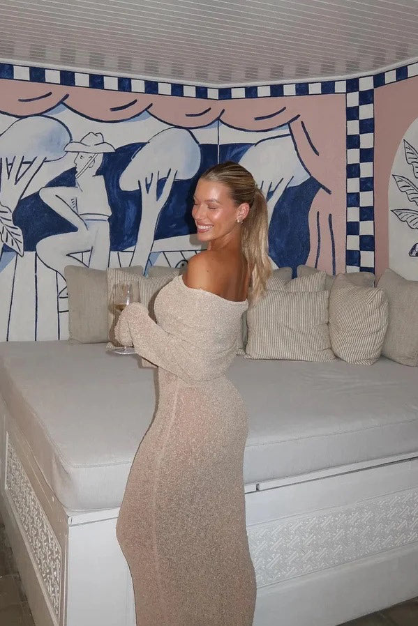 Off-Shoulder Bouclé Knit Maxi Dress