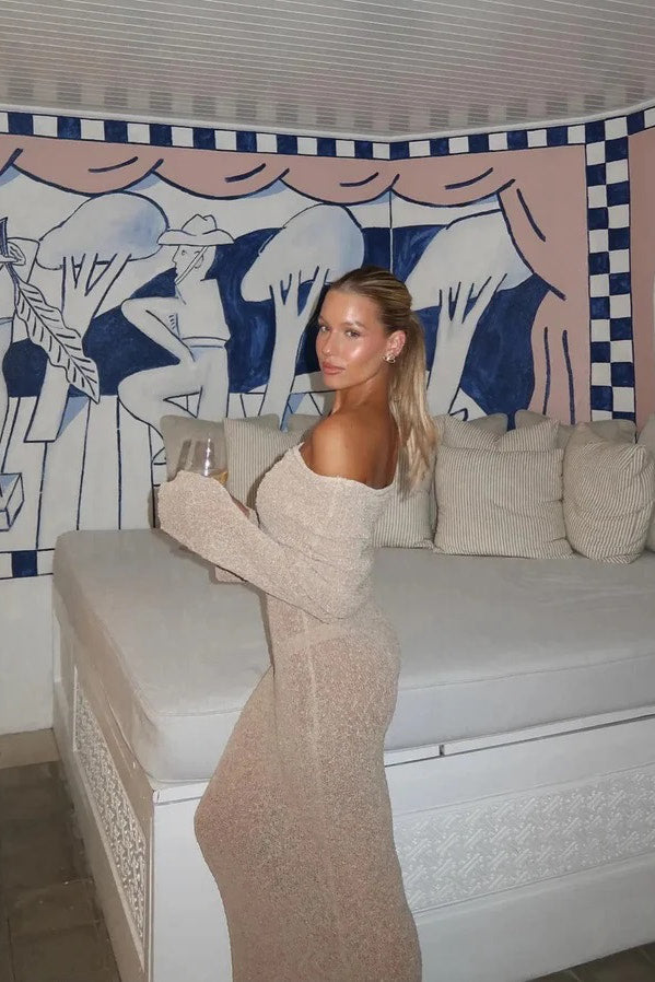 Off-Shoulder Bouclé Knit Maxi Dress