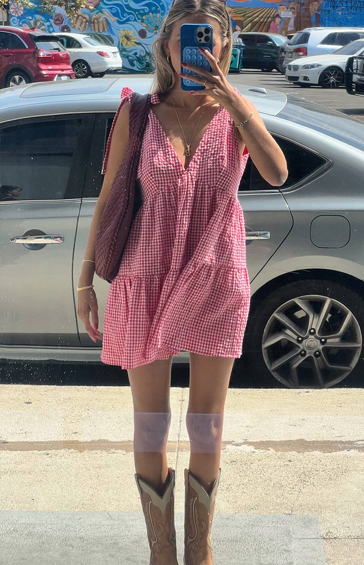 Red Gingham Tie-Strap Mini Sundress