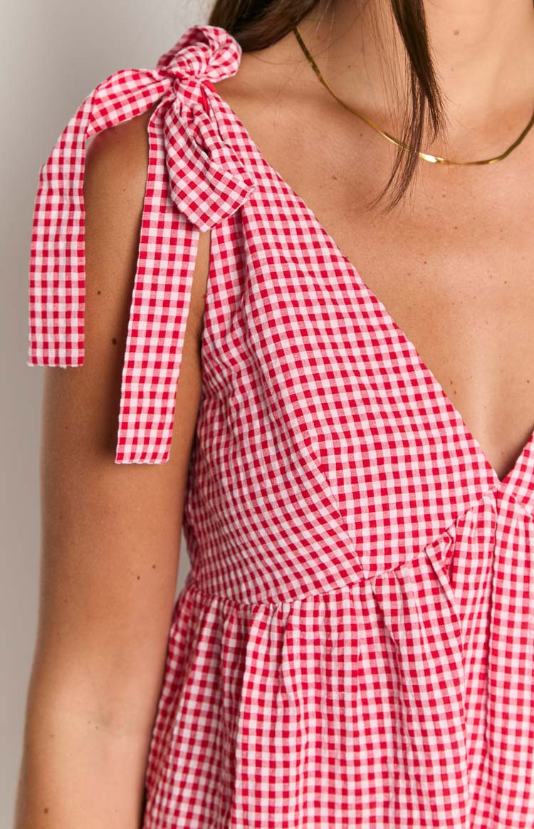 Red Gingham Tie-Strap Mini Sundress
