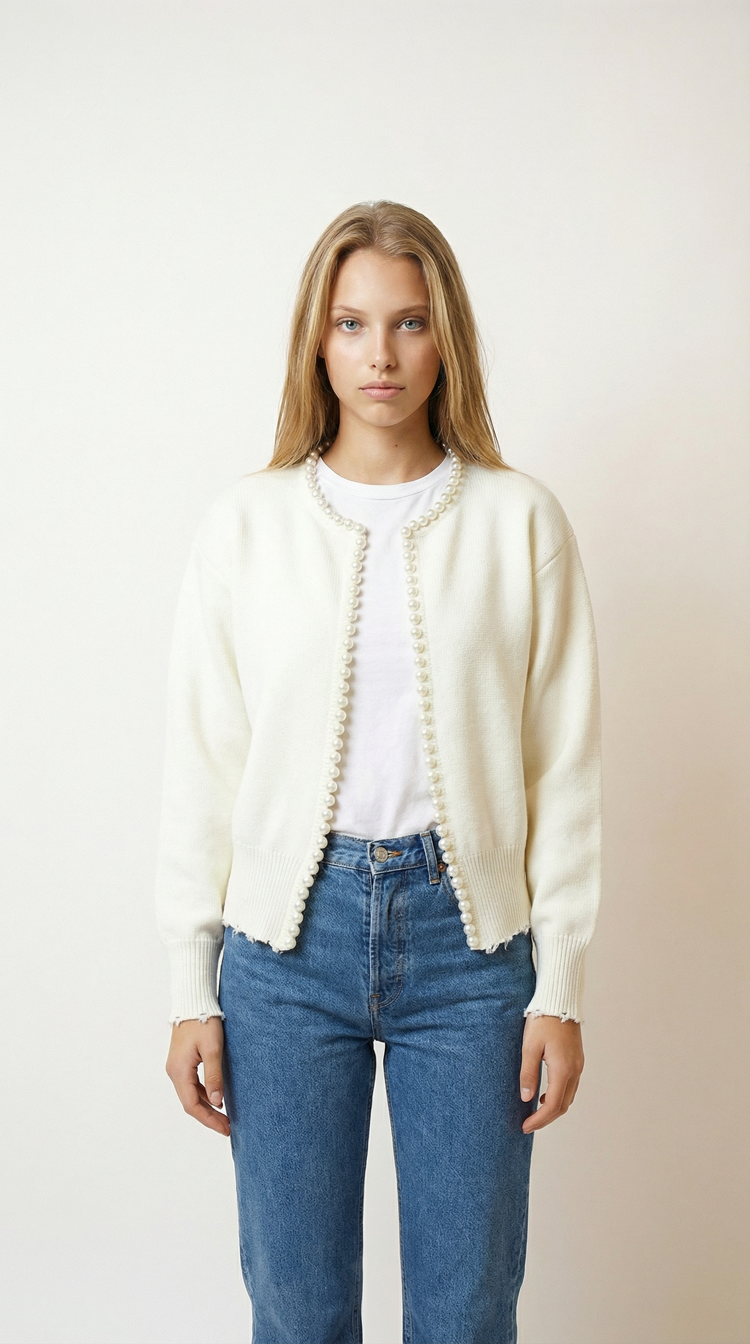 Knit Cardigan with Pearl Trim and Distressed Hem