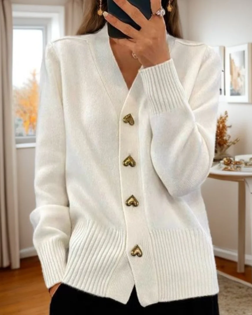 Heart Button V-Neck Cardigan