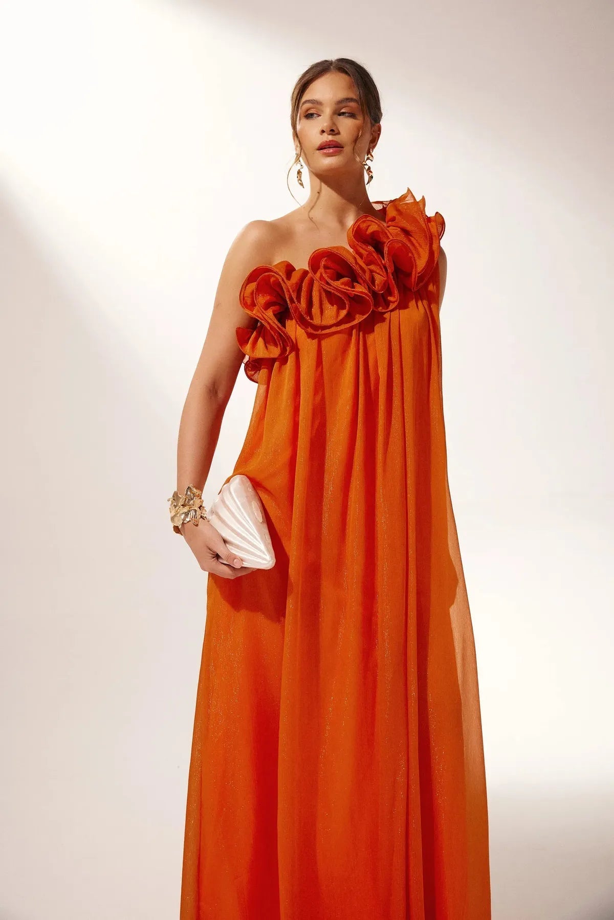Asymmetric One-Shoulder Ruffle Chiffon Evening Gown