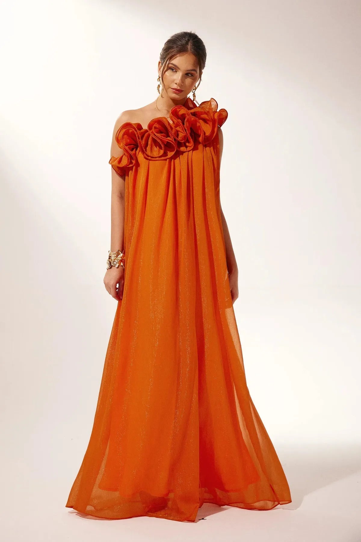 Asymmetric One-Shoulder Ruffle Chiffon Evening Gown