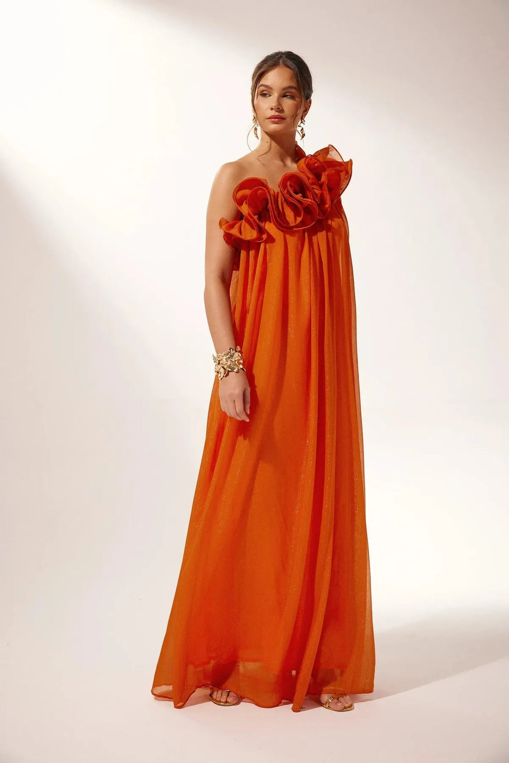 Asymmetric One-Shoulder Ruffle Chiffon Evening Gown