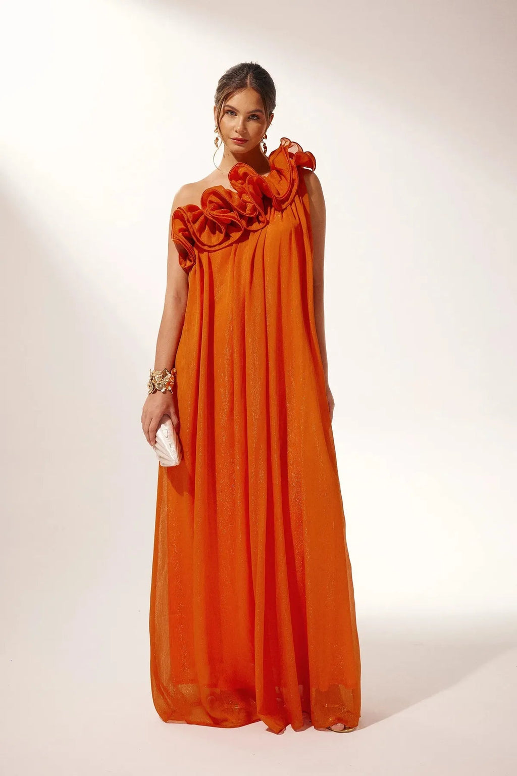 Asymmetric One-Shoulder Ruffle Chiffon Evening Gown