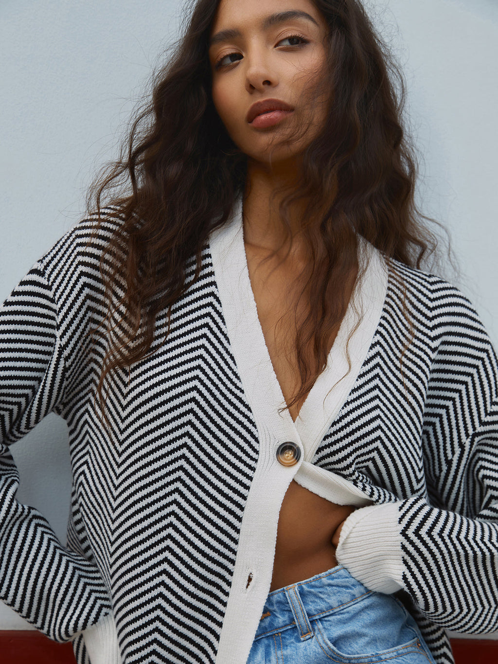 Zigzag Knit Herringbone Cardigan