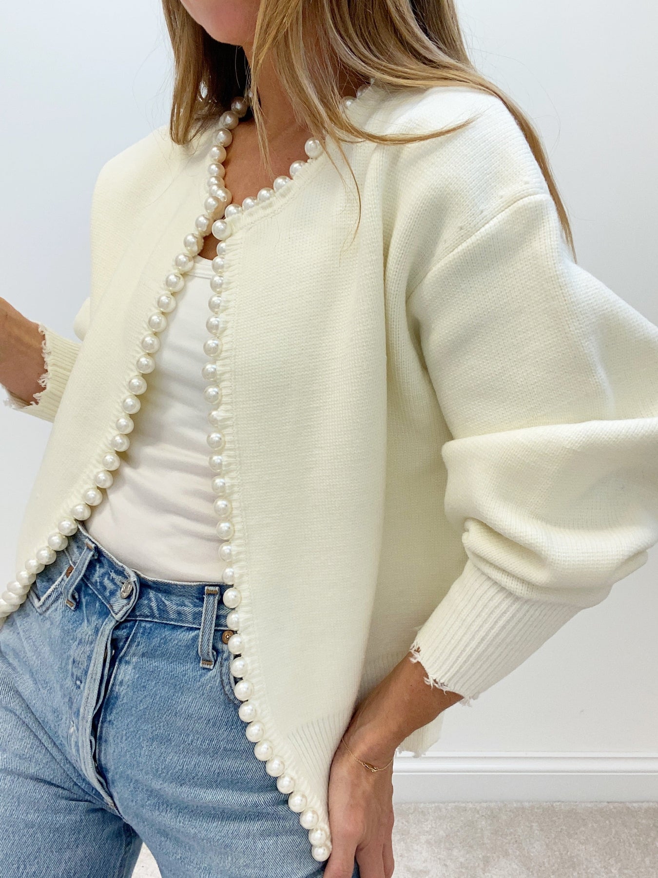 Knit Cardigan with Pearl Trim and Distressed Hem