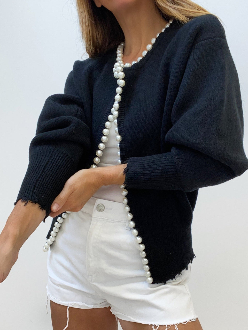 Knit Cardigan with Pearl Trim and Distressed Hem