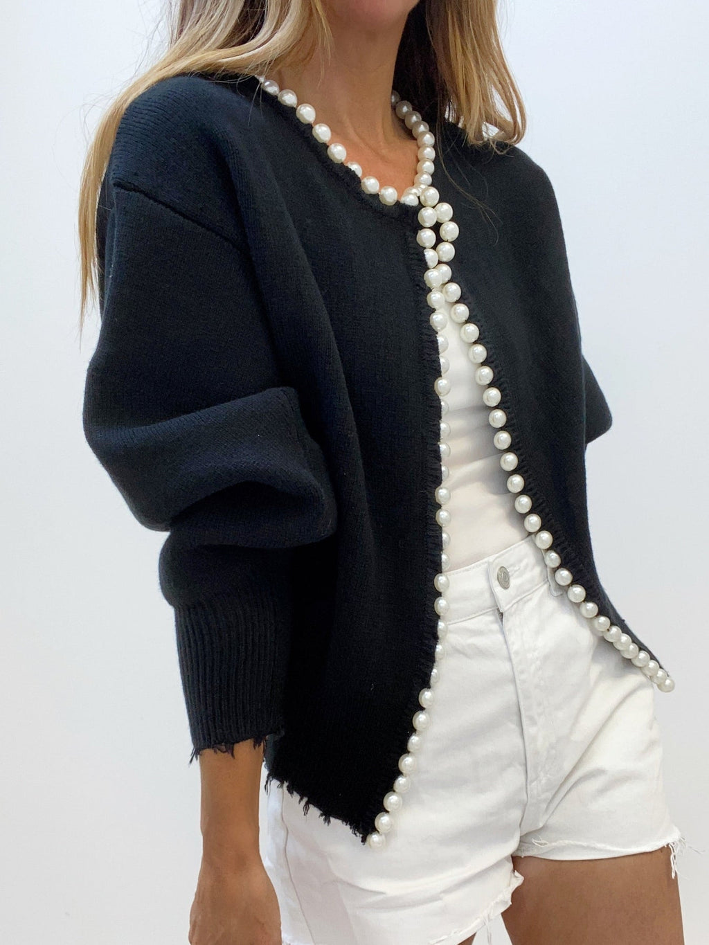 Knit Cardigan with Pearl Trim and Distressed Hem