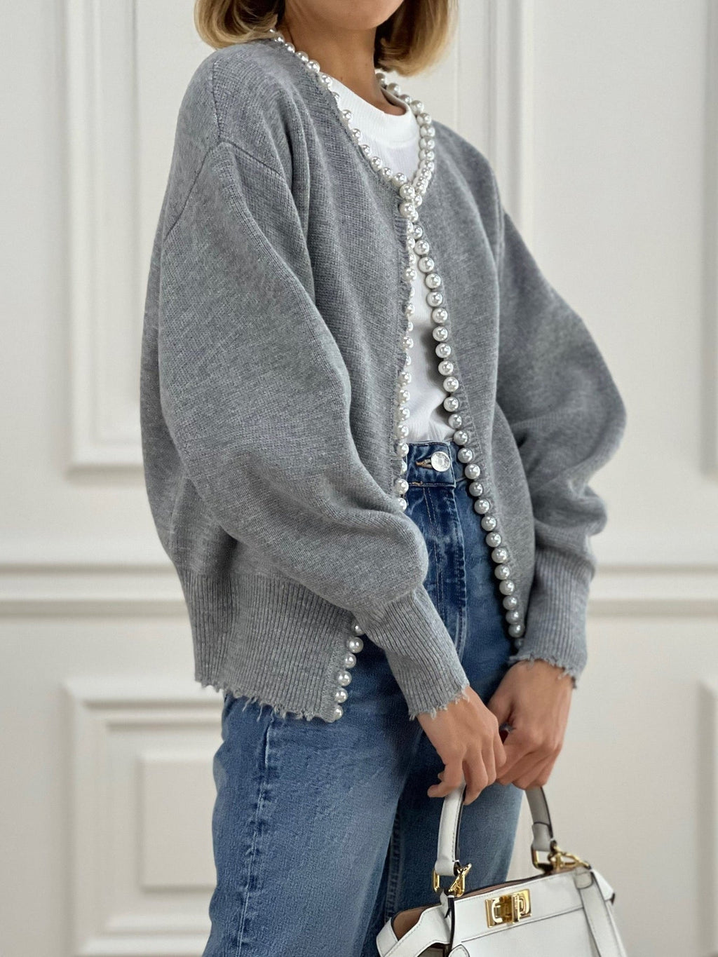 Knit Cardigan with Pearl Trim and Distressed Hem