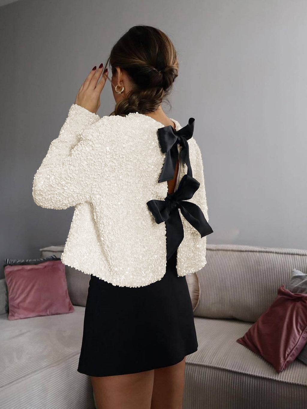 Textured Sequin Jacket with Bow Detail