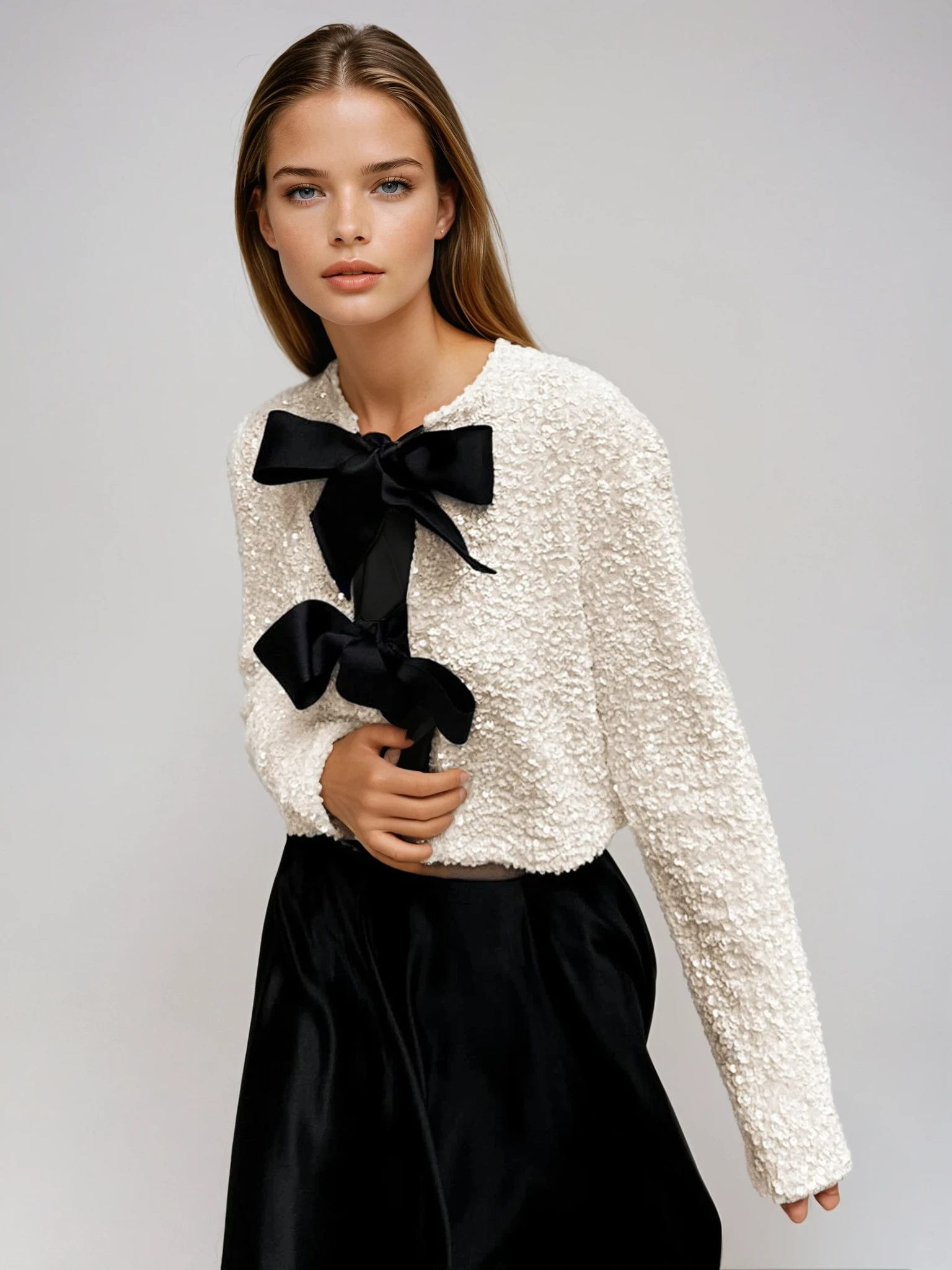 Textured Sequin Jacket with Bow Detail