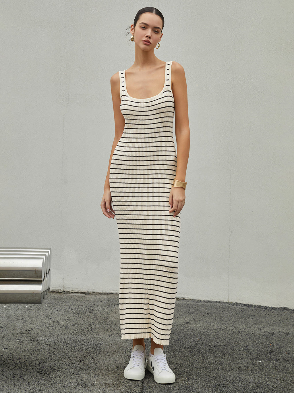 Striped Ribbed Knit Maxi Dress