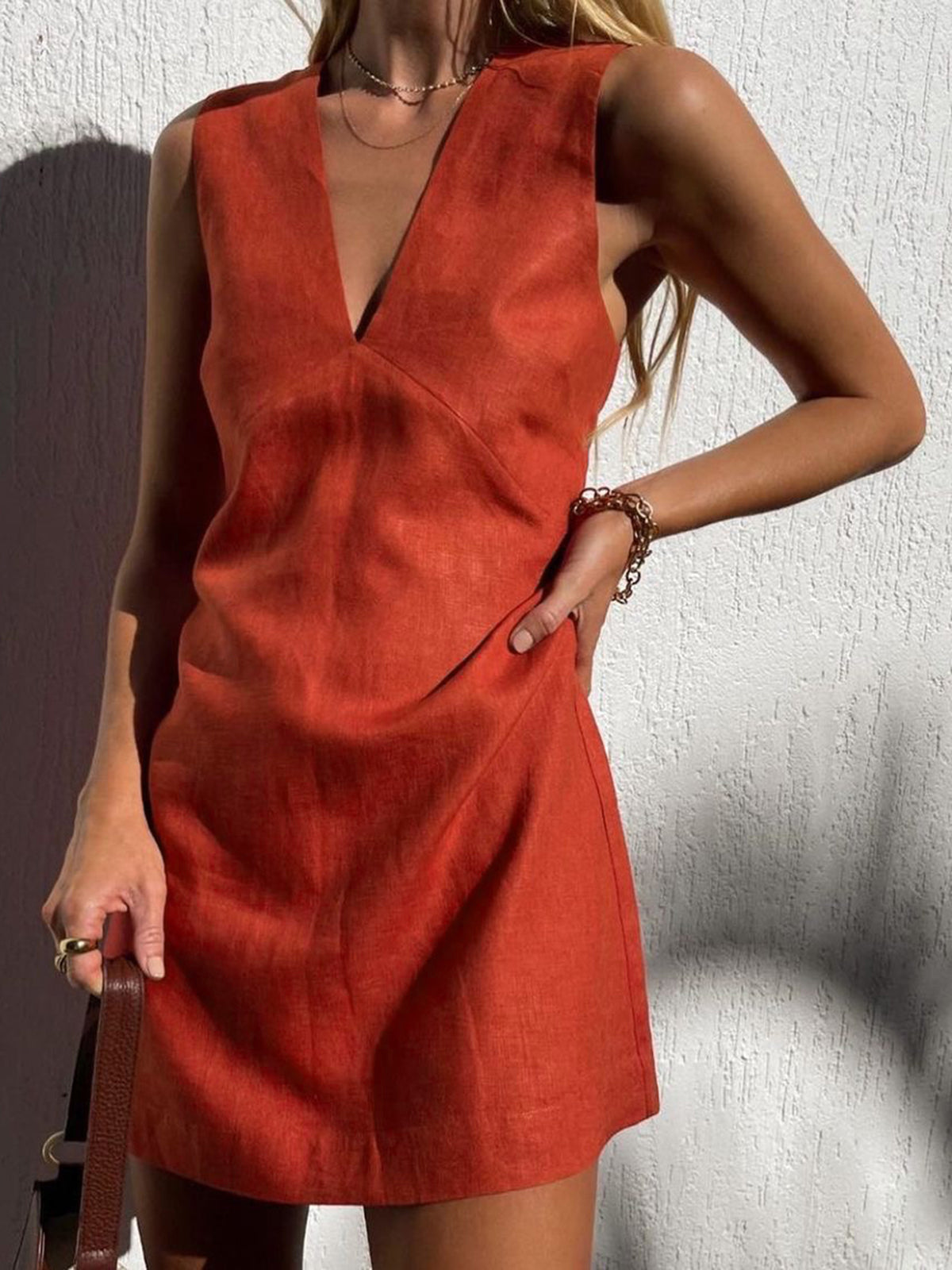 Cotton Linen V-Neck Shift Dress