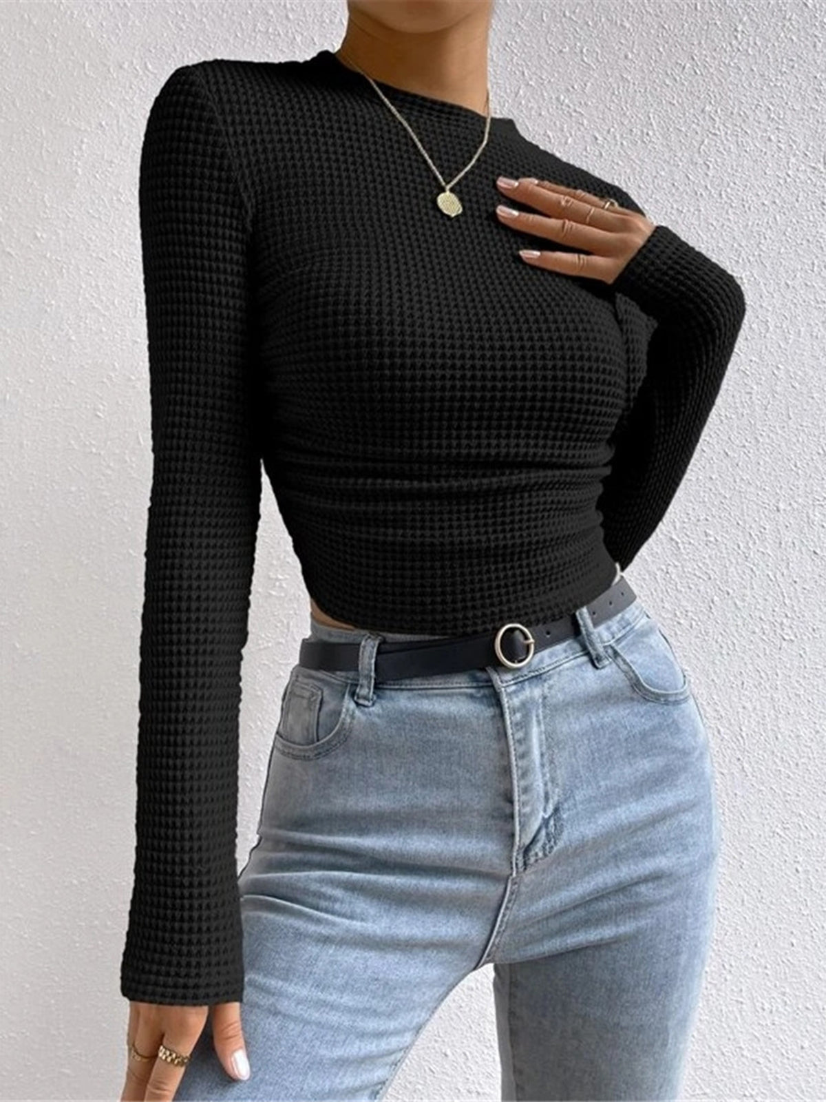Fitted Waffle Knit Long Sleeve Top